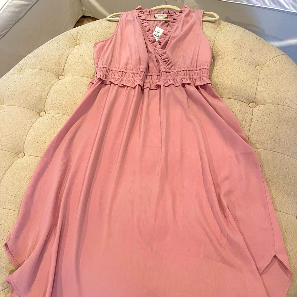 Loft Outlet Pale Pink V Neckline Midi Dress With Ruffle Detail